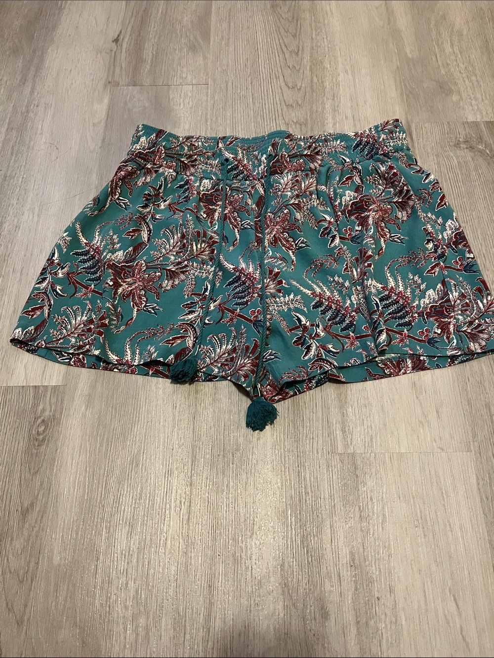High-Waist Teal Floral Print Women's Shorts with Tassel Tie